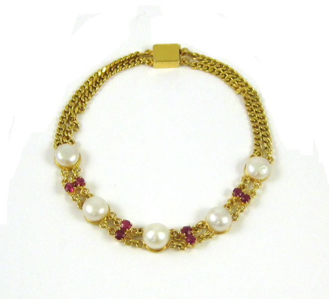 Appraisal: RUBY PEARL AND FOURTEEN KARAT GOLD BRACELET measuring - inches