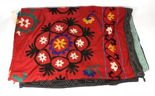 Appraisal: Suzani textile Suzani textile having floral decoration on a red