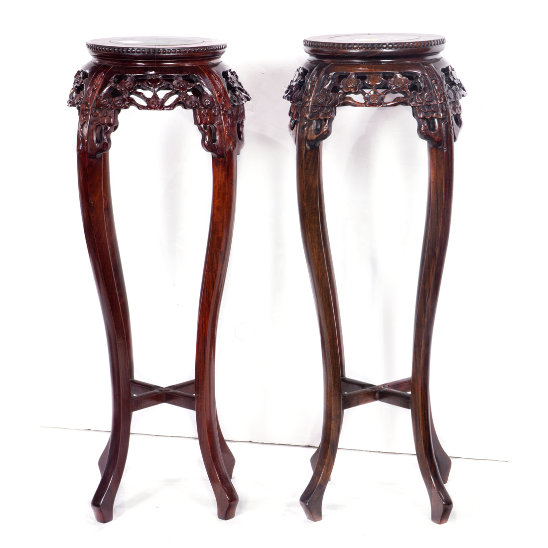 Appraisal: PAIR OF CHINESE HARDWOOD MARBLE TOPPED PEDESTALS Pair of Chinese