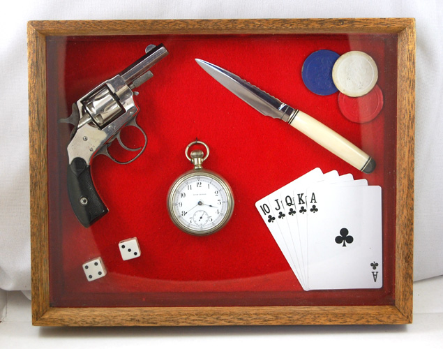 Appraisal: DECORATIVE GAMBLERS KIT IN SHADOW BOX FRAME having Hopkins and