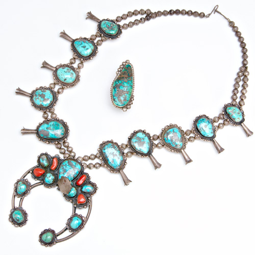 Appraisal: NAVAJO Silver squash blossom necklace with turquoise mid th C