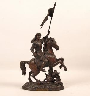 Appraisal: PATINATED BRONZE SCULPTURE OF WOMAN ON HORSEBACK PATINATED BRONZE WOMAN