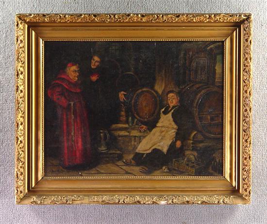 Appraisal: Oil on Canvas Monk among wine casks one sleeping against