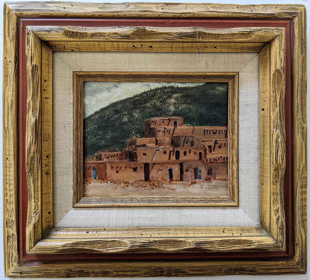 Appraisal: VINTAGE ACRYLIC ART TAOS PUEBLO BY JODE WHITNEYThe dimensions are