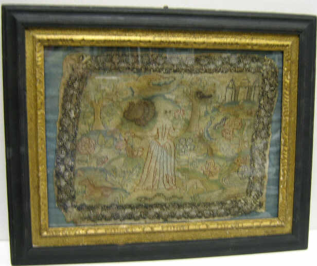 Appraisal: ANTIQUE PETIT POINT PICTORIAL EMBROIDERY Executed in pastel linen threads