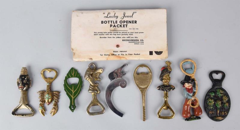 Appraisal: Assorted Figural Flat Bottle Openers Including packet of Lucky Jewel