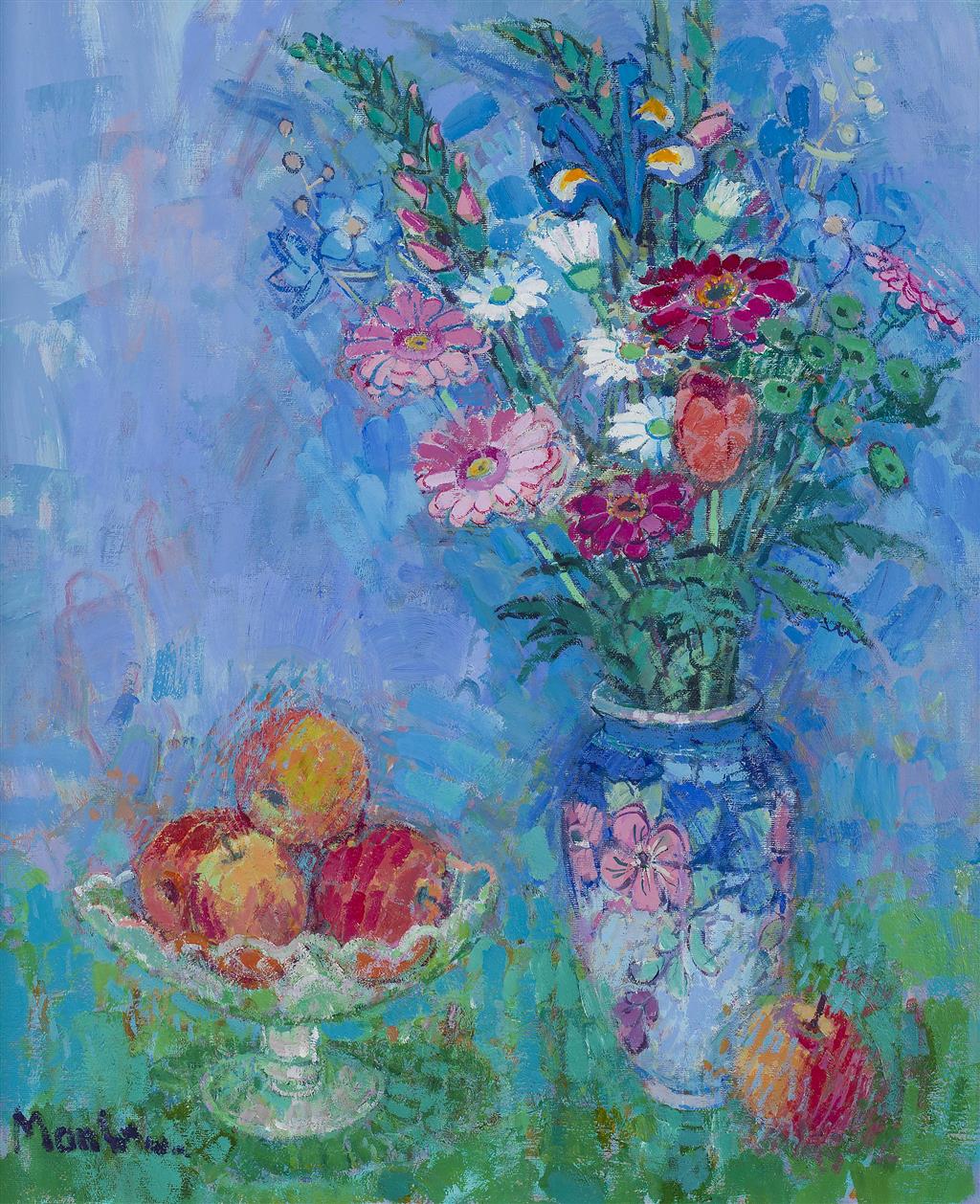 Appraisal: DONALD MANSON SCOTTISH CONTEMPORARY FLOWERS APPLES Signed oil on canvas