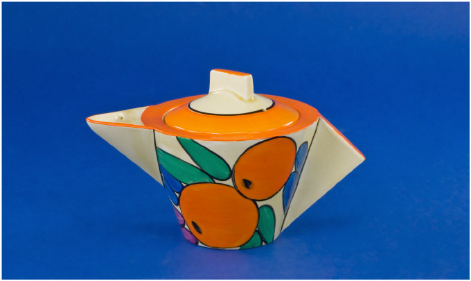 Appraisal: Clarice Cliff Conical Shaped Teapot Circa Oranges pattern Bizarre range