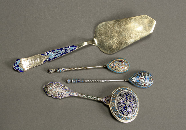 Appraisal: Group of Four Russian Silver and Shaded Enamel Flat Serving