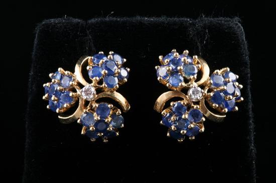 Appraisal: PAIR K YELLOW GOLD SAPPHIRE AND DIAMOND EARRINGS Each shamrock-shaped