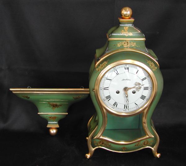 Appraisal: Bucherer Germany Parcel-Gilt Green Lacquer Cartel Clock and Bracket Shelf