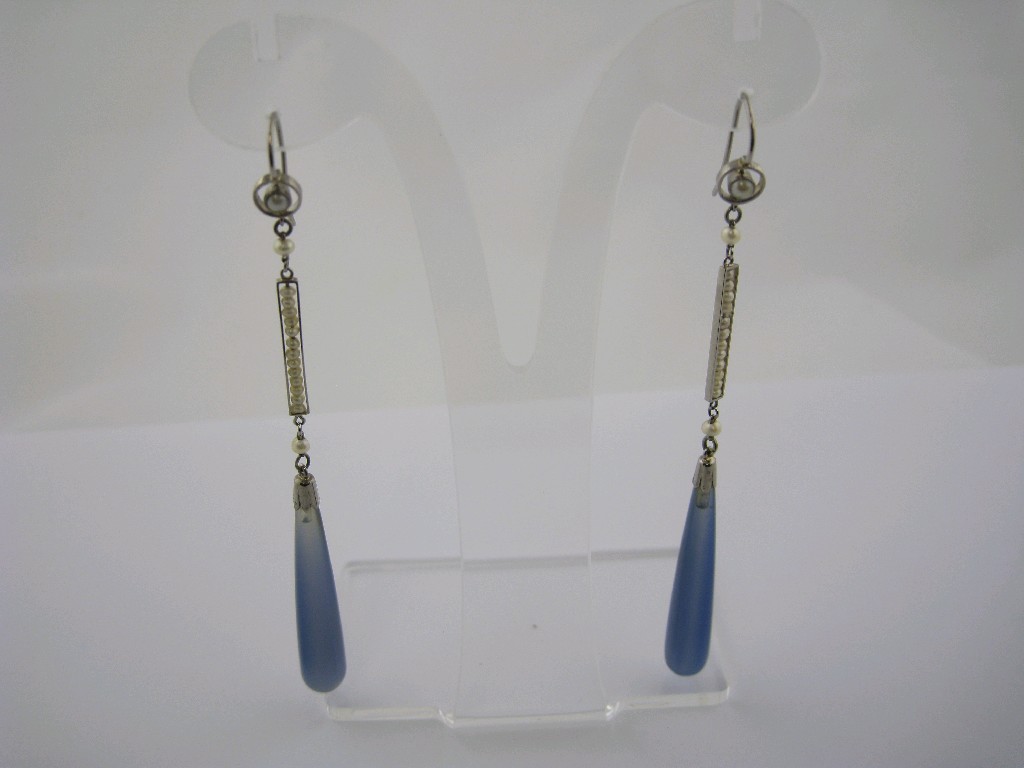 Appraisal: A pair of Blue Agate and Seed Pearl Ear Pendants