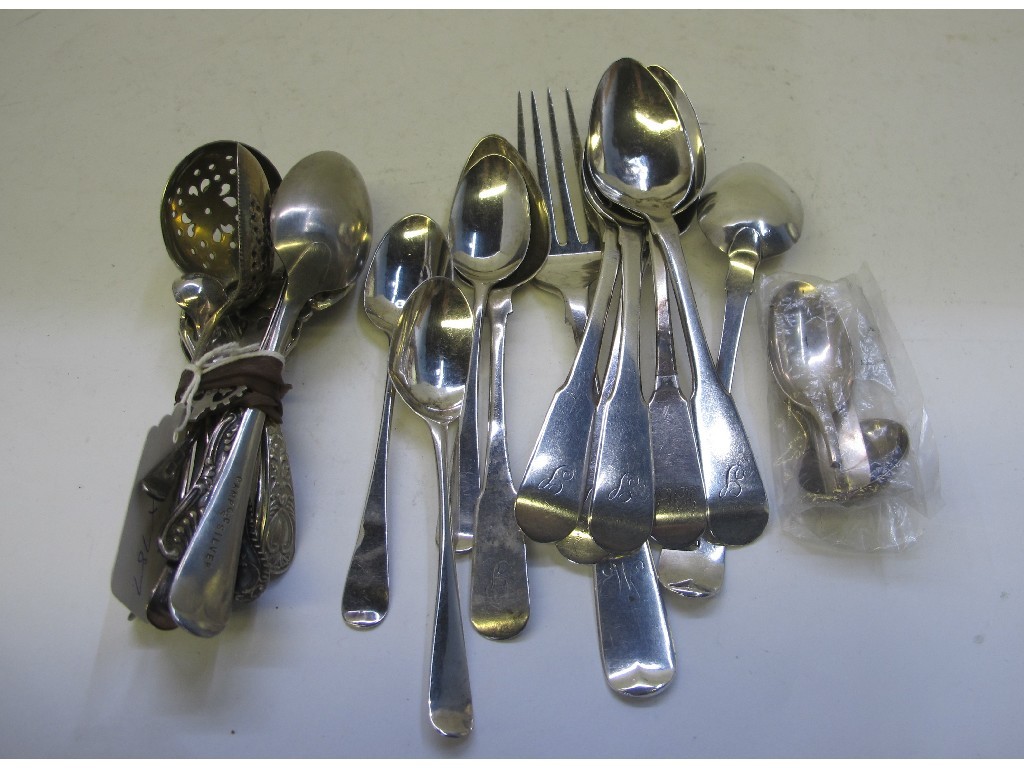 Appraisal: A lot comprising nine assorted silver spoons a fork and