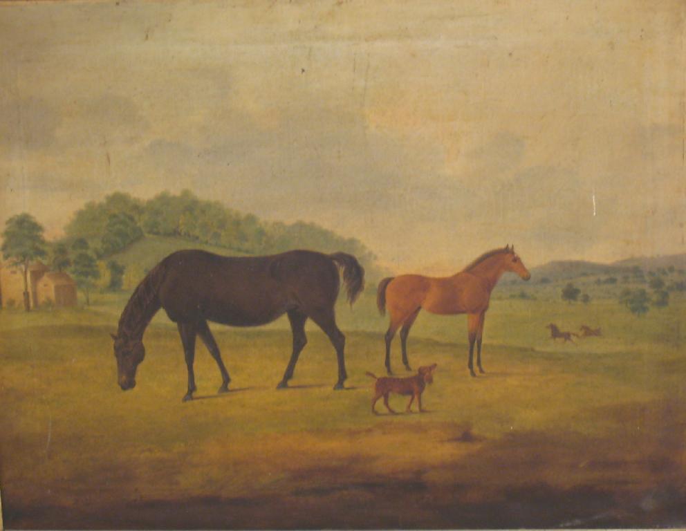 Appraisal: ENGLISH SCHOOL CIRCA Horses and Dog in a Meadow a