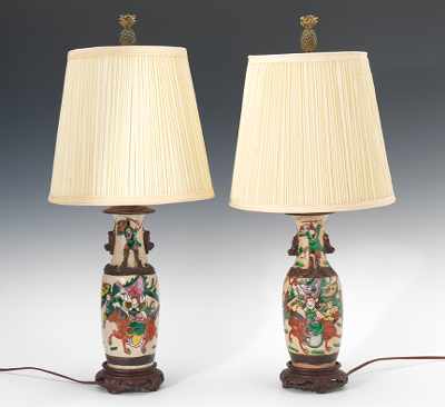 Appraisal: A Pair of Asian Crackle Glazed Pottery Table Lamps A