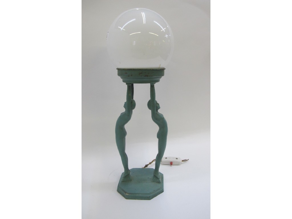 Appraisal: Art Deco figural lamp with globe shade modelled as two