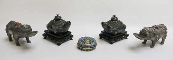 Appraisal: FOUR CHINESE SILVERED CENSERS AND LIDDED BOX the collection comprising