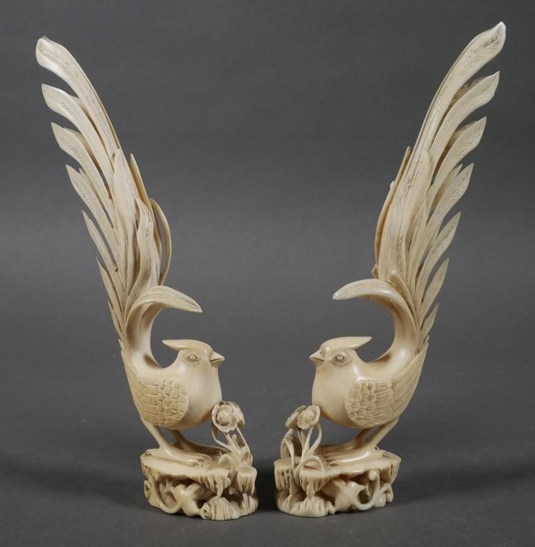 Appraisal: Beautifully carved Chinese ivory bird statues Matched pair Circa th