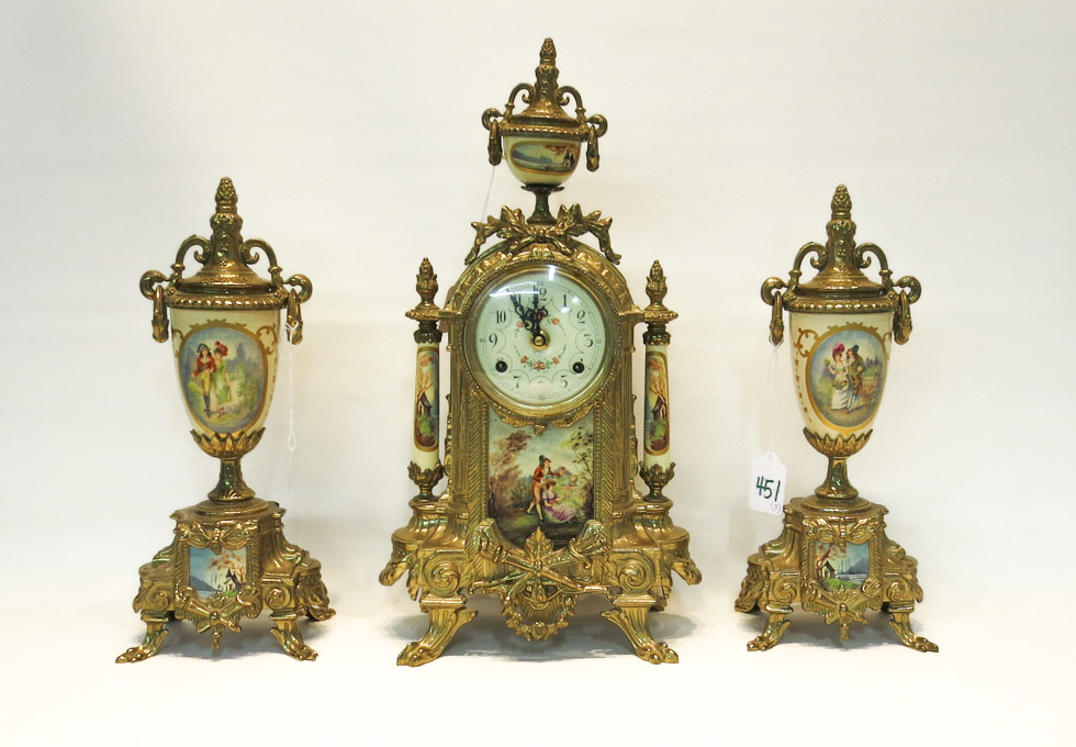 Appraisal: THREE PIECE FRENCH STYLE CLOCK SET the set includes two