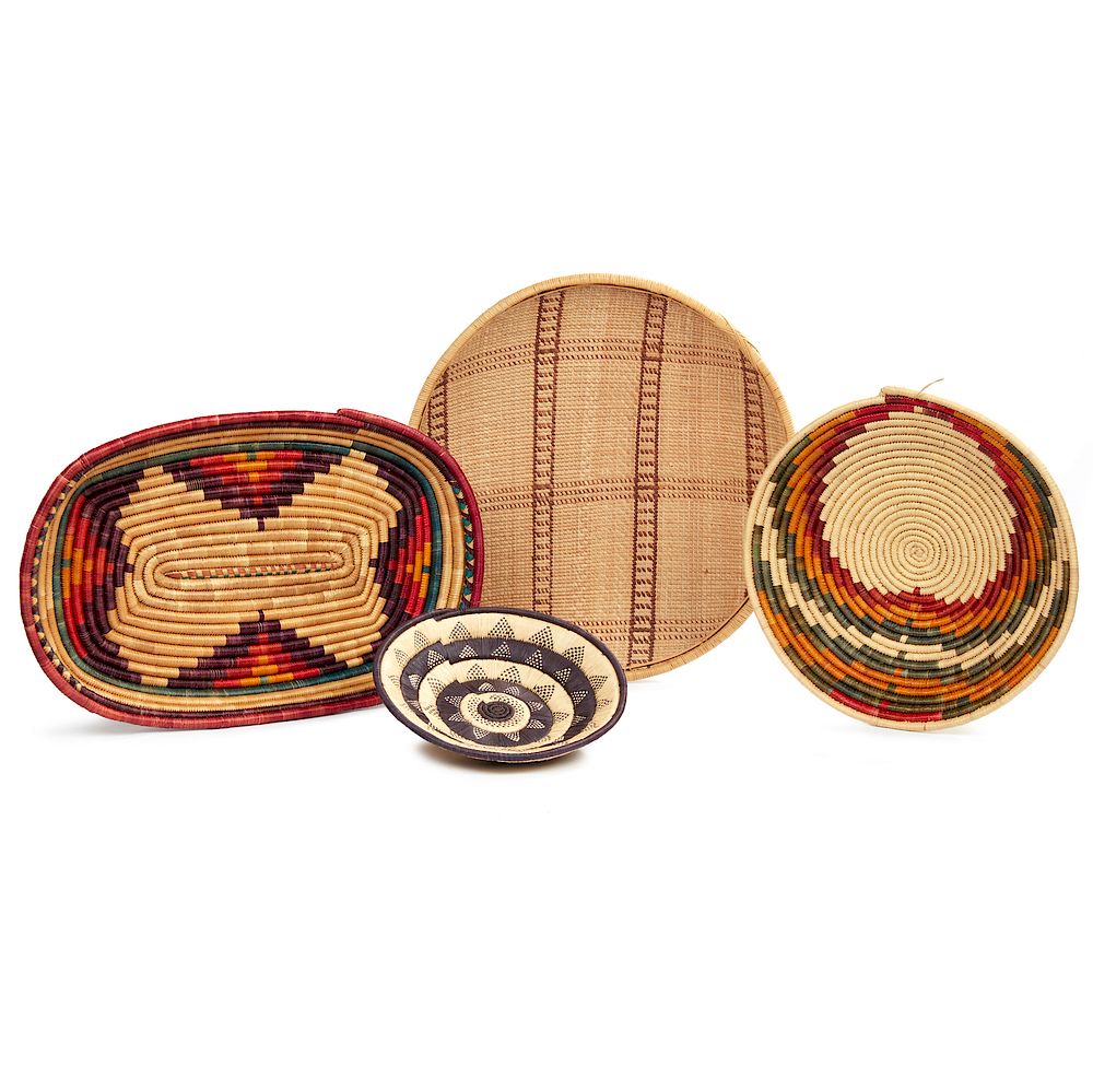 Appraisal: Three Uganda Baskets and a Bushango Uganda Winnowing Basket Lot