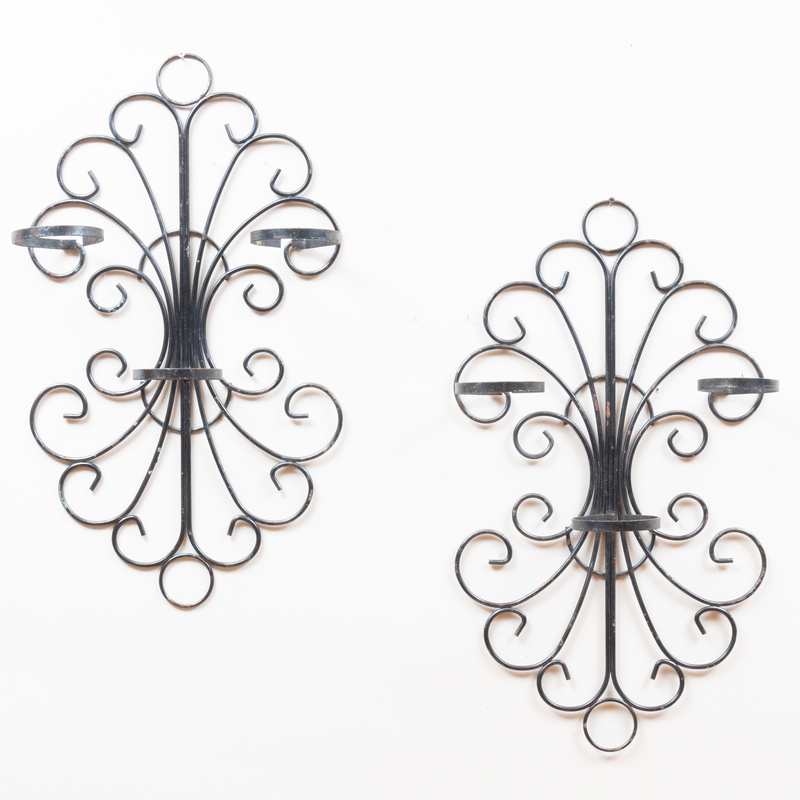 Appraisal: Pair of Modern Black Painted Wrought Iron Three-Light Sconces x