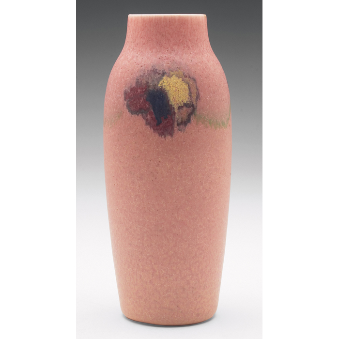 Appraisal: Rookwood vase mottled pink vellum glaze with colorful designs F