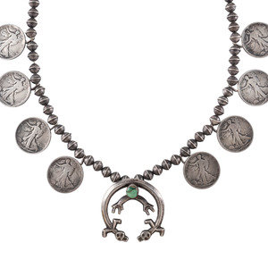 Appraisal: Navajo Silver Coin and Turquoise Squash Blossom Necklace third quarter