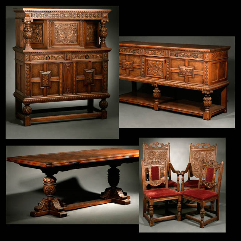 Appraisal: An Elizabethan style oak piece dining suite An Elizabethan style