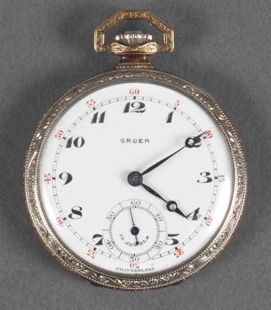 Appraisal: Gruen silver-plated open-face pocket watch movement marked ''Gruen Gild Fifteen