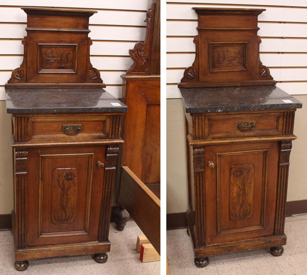 Appraisal: PAIR OF WALNUT MARBLE-TOP CABINET NIGHTSTANDS Continental late th century