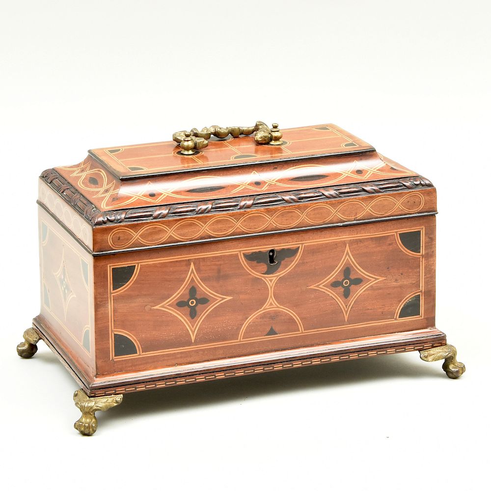 Appraisal: English Chippendale Brass-Mounted Inlaid Mahogany Tea Caddy The interior fitted