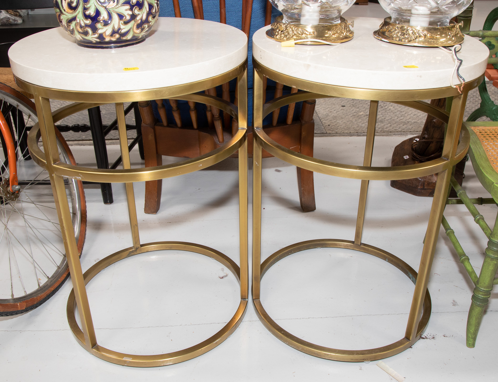 Appraisal: A PAIR OF MODERN MARBLE TOP SIDE TABLES in H