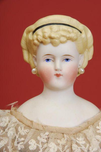 Appraisal: Parian Lady with Ribbon Pierced Ears Germany ca untinted bisque