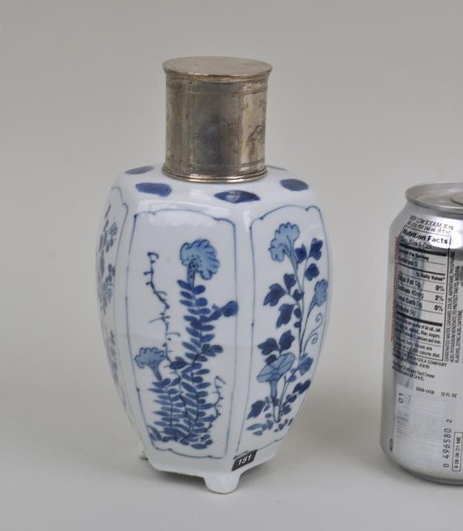 Appraisal: Chinese Blue White Porcelain Lobed Bottle with silver lid Possibly