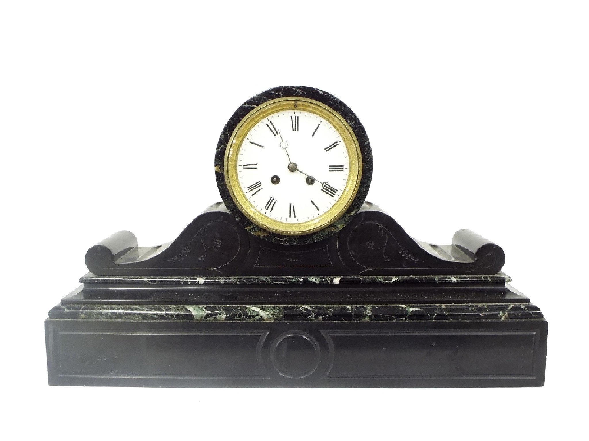 Appraisal: French black slate and green marble drumhead two train mantel