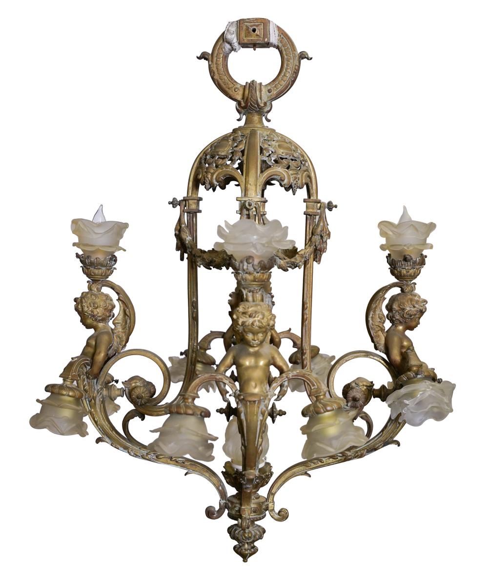 Appraisal: GILT METAL -LIGHT CHANDELIERwith floral glass shades overall inches diameter