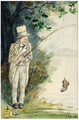 Appraisal: British School watercolor man fishing shoe on hook signed lower