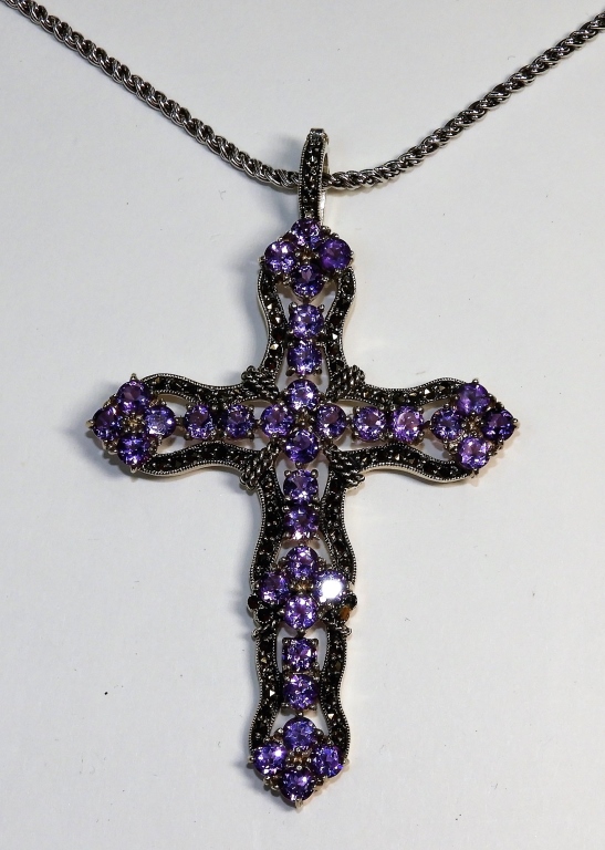 Appraisal: LARGE STERLING SILVER AMETHYST CRUCIFIX CROSS ContemporaryLarge sterling silver cross