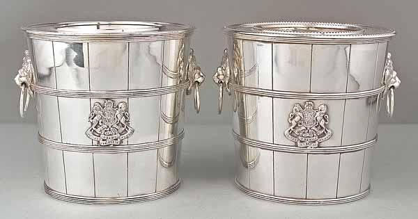 Appraisal: A Pair of Regency-Style Silverplate Wine Coolers each tapered cylindrical