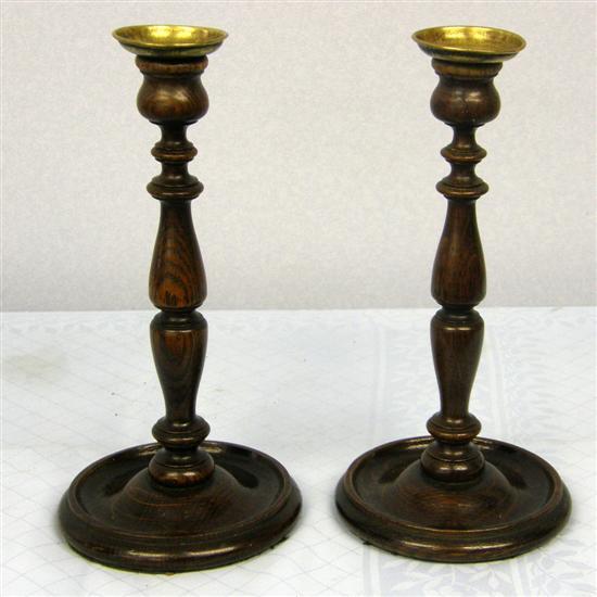 Appraisal: Pair of turned oak candlesticks with brass sconces th century