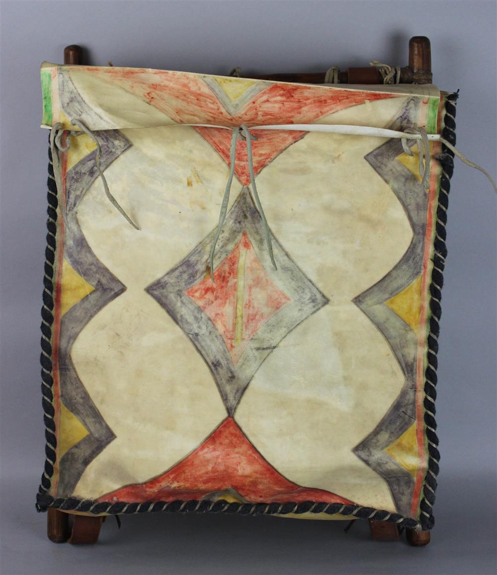 Appraisal: NATIVE AMERICAN PAINTED PARFLECHE CASE PLAINS-TYPE attached to a wood