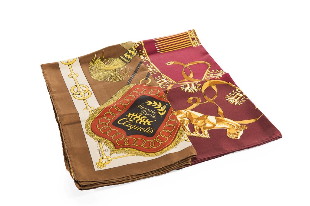 Appraisal: HERMES - Two silk patterned scarfs the first of maroon