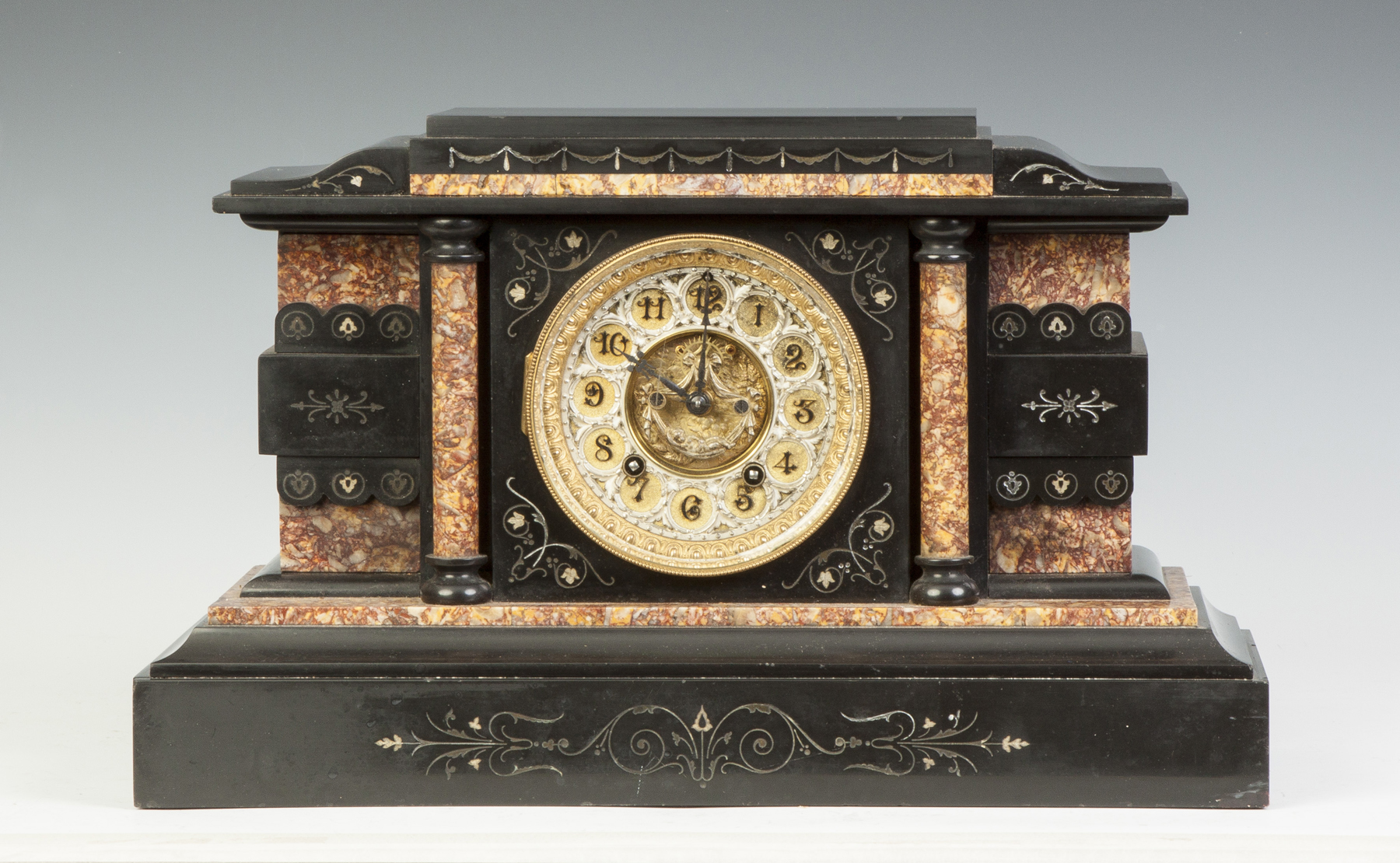 Appraisal: French Marble Shelf Clock Embossed brass dial outside escapement day