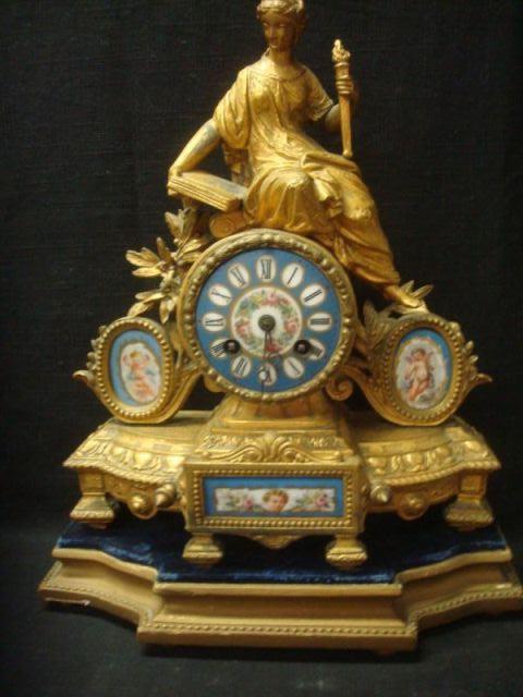 Appraisal: P H Mourney Gilt Metal French Clock with Porcelain Inserts