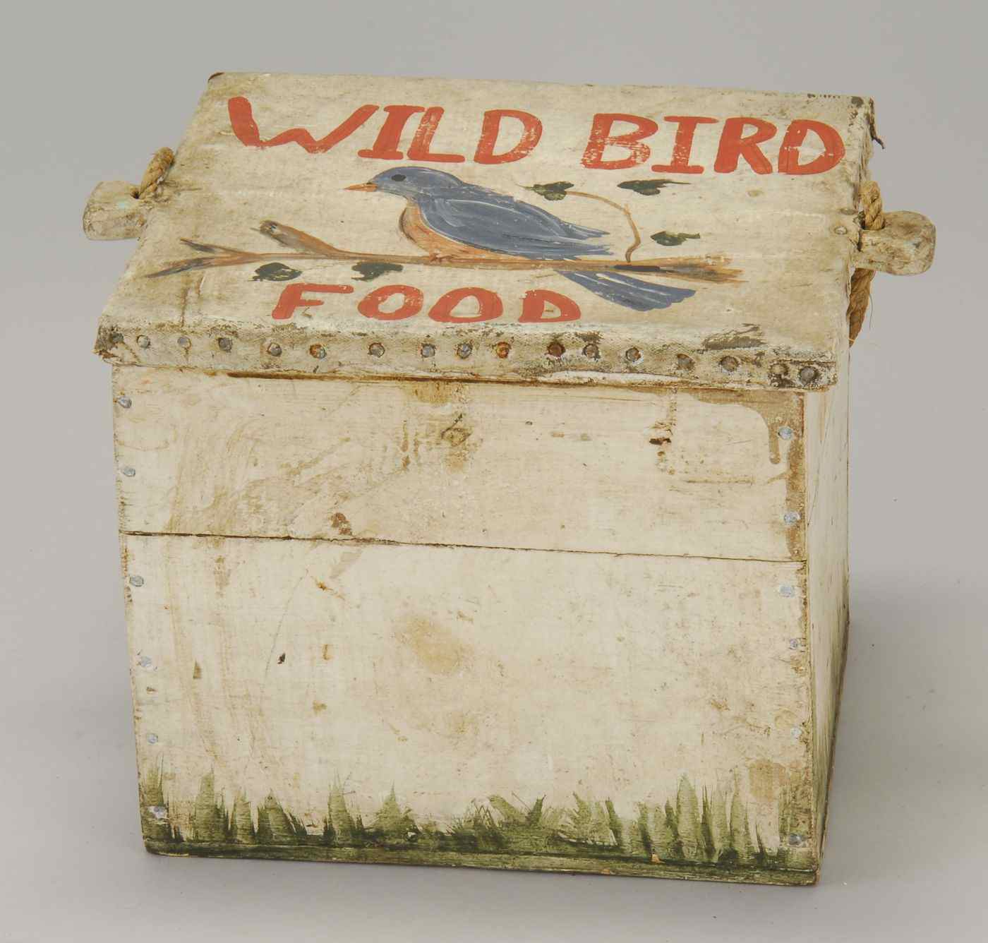 Appraisal: PAINTED WOODEN LIFT-TOP WILD BIRD FOOD BOXEarly th CenturyStretched canvas