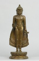 Appraisal: Standing Buddha Shakyamuni circa This bronze Buddha sculpture features such