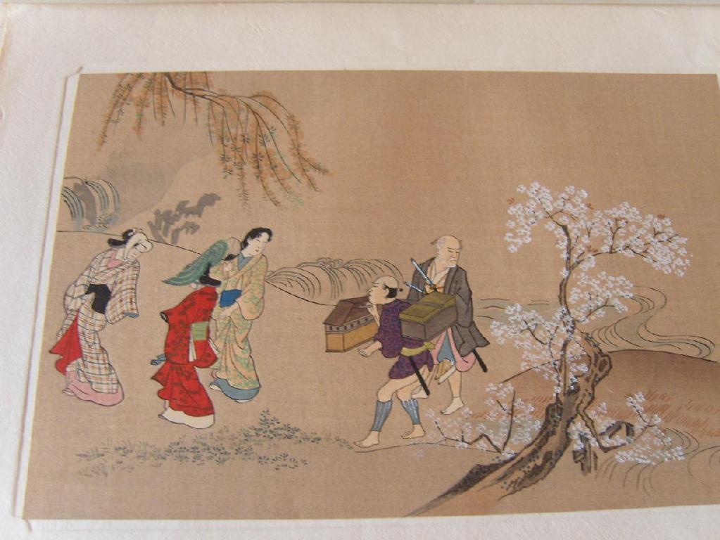 Appraisal: Five th century Japanese woodcuts mainly activities Seeing the cherry