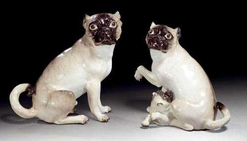 Appraisal: PUG DOG AND BITCH WITH PUPPY Meissen circa - Model