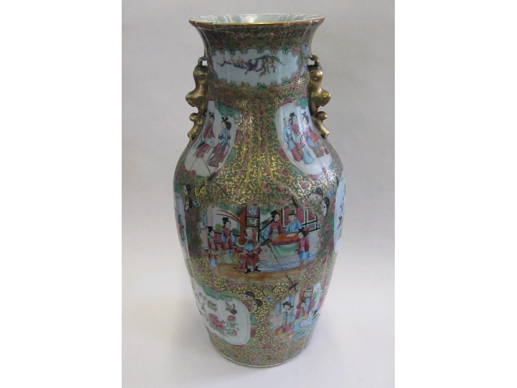 Appraisal: Famille vert vase with gilt fo dog handles restored