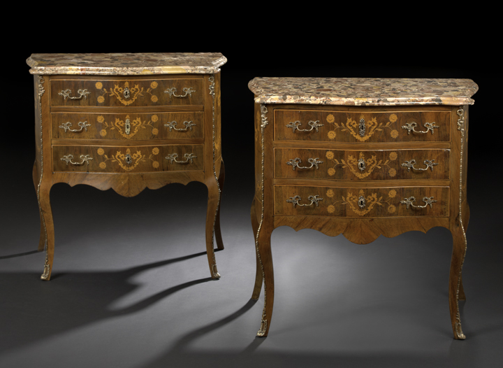 Appraisal: Pair of Portuguese Louis XV-Style Walnut and Exotic Woods Marble-Top